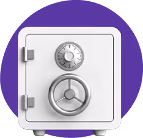 White safe with a combination lock dial and a circular handle set against a purple circular background.